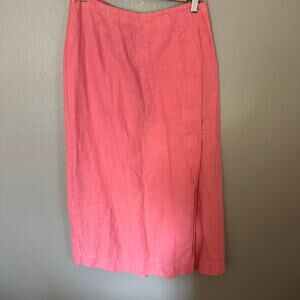 100% LINEN Coral Long Skirt High Rise Size Large Casual split skirt front